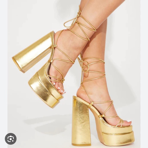 Gold Platform Lace-Up Block Heels • Size 11 - Picture 2 of 7